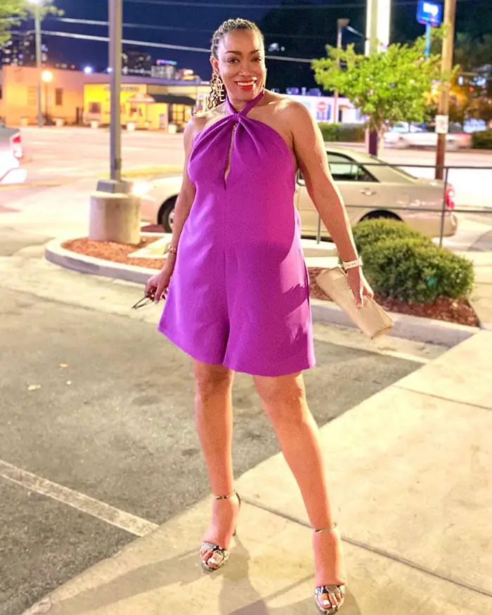 Purple Halter Romper with Metallic Heels Purple Halter Romper with Metallic Heels — Classy Las Vegas Outfits