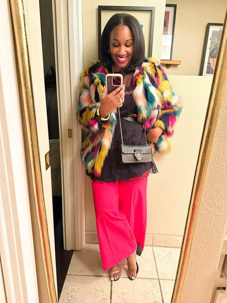 Pink Wide-Leg Pants with Multicolor Faux Fur Coat Pink Wide-Leg Pants with Multicolor Faux Fur Coat — Classy Las Vegas Outfits