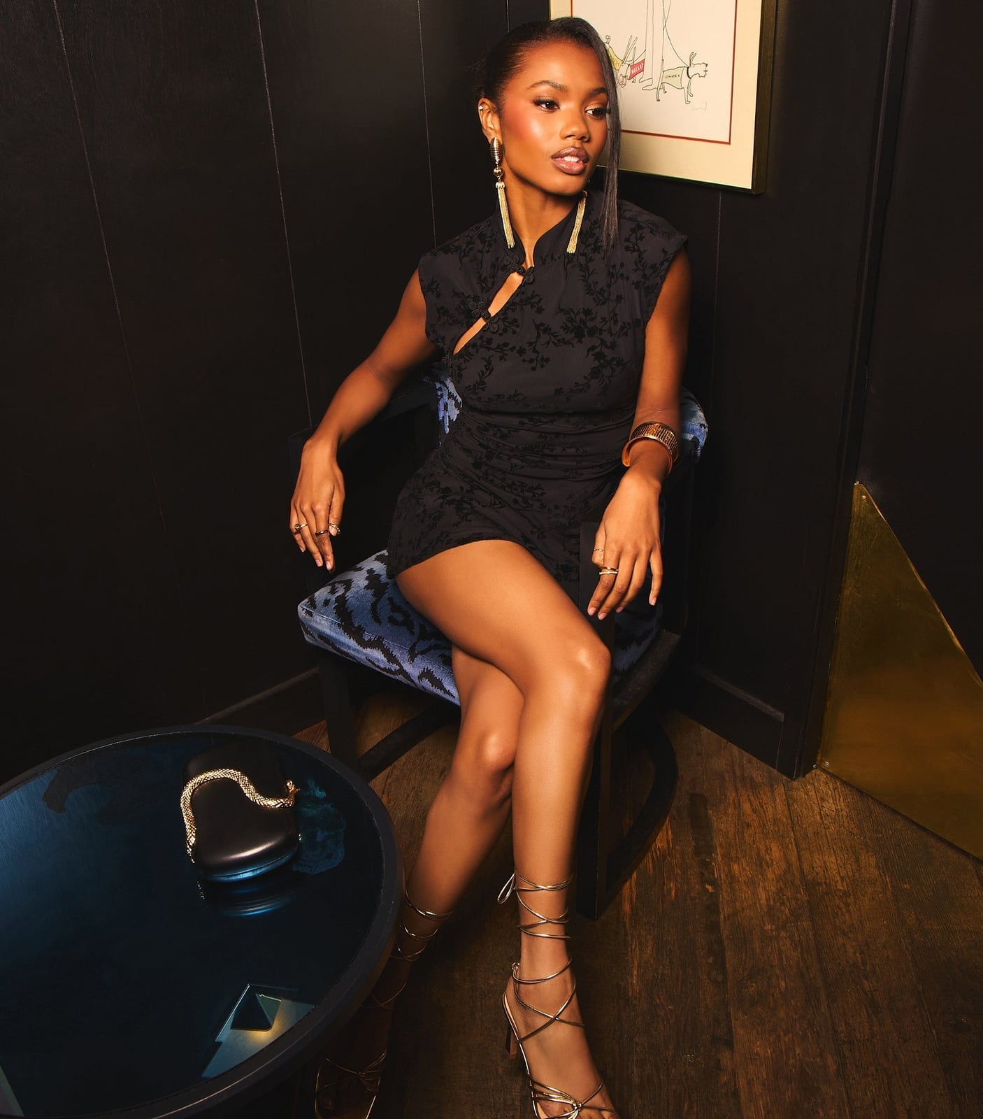 Black Patterned Mini Dress with Gold Accessories Black Patterned Mini Dress with Gold Accessories — Classy Las Vegas Outfits