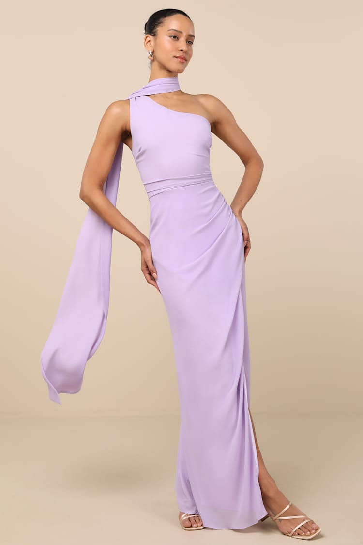 Lavender One-Shoulder Maxi Dress with Draped Scarf Lavender One-Shoulder Maxi Dress with Draped Scarf — Classy Lavender Dress