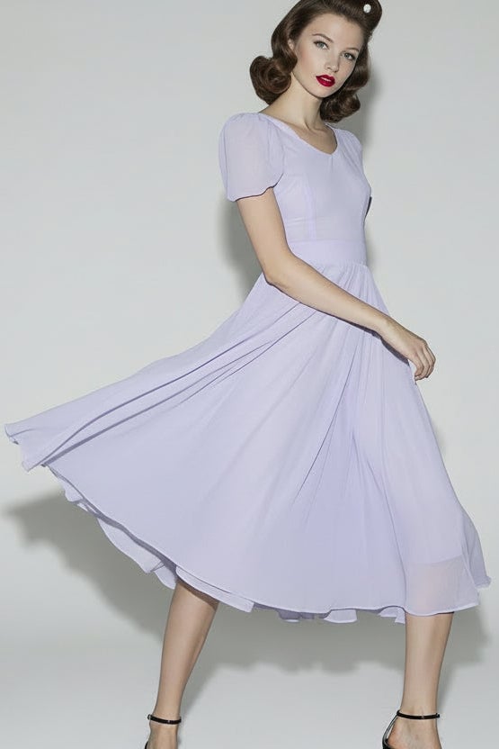 Light Lavender Chiffon Fit-And-Flare Midi Dress with Puff Sleeves Light Lavender Chiffon Fit-And-Flare Midi Dress with Puff Sleeves — Classy Lavender Dress