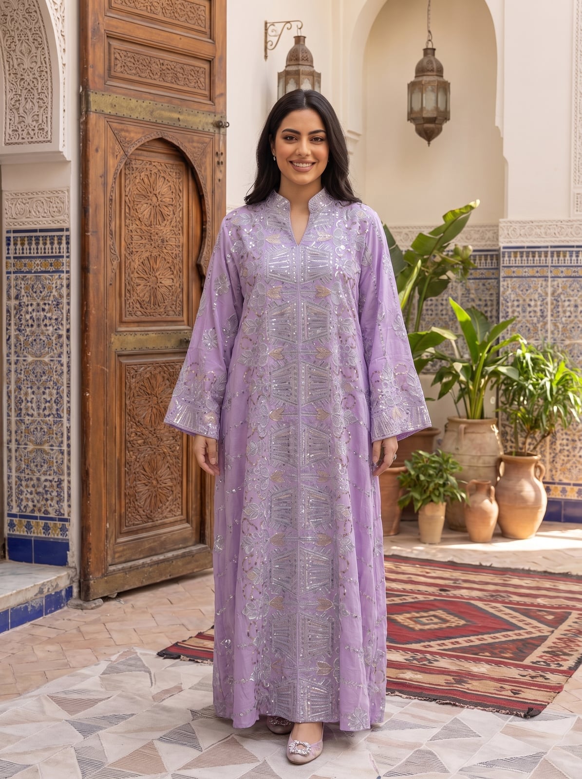Lavender Long-Sleeve Kaftan Dress with Geometric Embroidery Lavender Long-Sleeve Kaftan Dress with Geometric Embroidery — Classy Lavender Dress