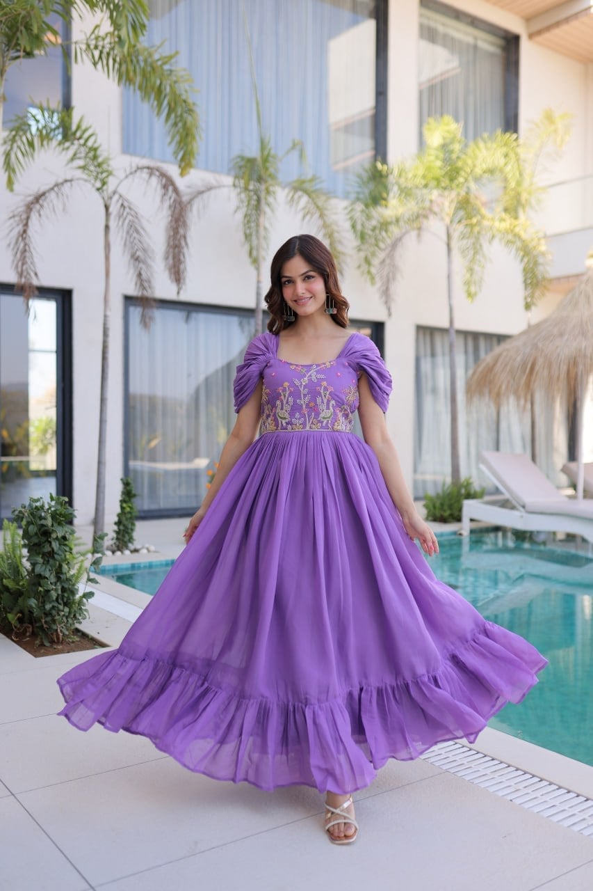 Vibrant Purple Chiffon Dress with Puff Sleeves and Embroidered Bodice Vibrant Purple Chiffon Dress with Puff Sleeves and Embroidered Bodice — Classy Lavender Dress