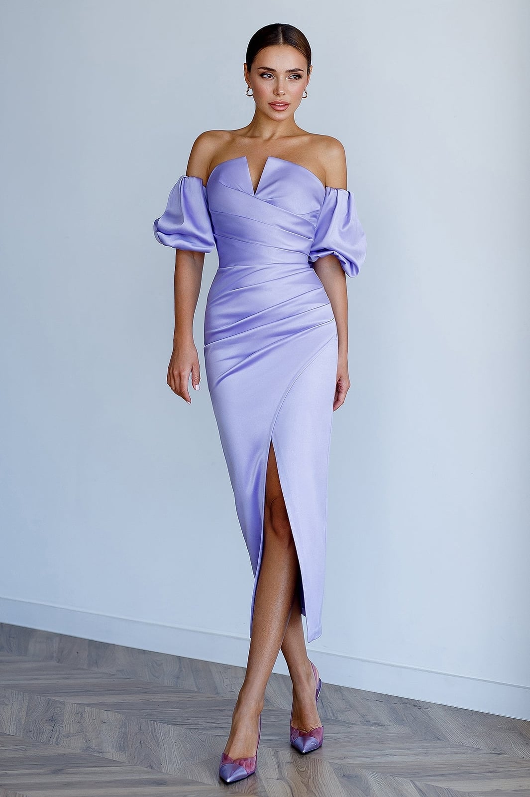 Off-the-shoulder Lavender Satin Midi Dress with Puff Sleeves Off-the-shoulder Lavender Satin Midi Dress with Puff Sleeves — Classy Lavender Dress