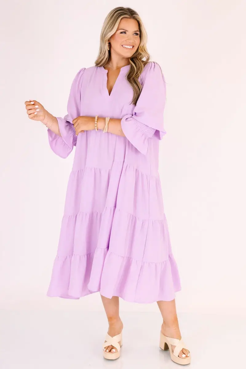 Light Purple Midi Dress with Relaxed Fit and Tiered Skirt Light Purple Midi Dress with Relaxed Fit and Tiered Skirt — Classy Lavender Dress