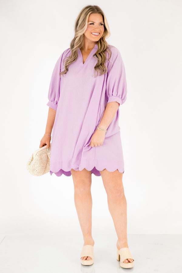 Light Purple Textured Short Sleeve Dress with Scalloped Hem Light Purple Textured Short Sleeve Dress with Scalloped Hem — Classy Lavender Dress