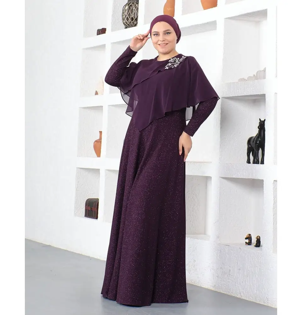 Dark Purple Glittery Dress with Sheer Cape and Headscarf Dark Purple Glittery Dress with Sheer Cape and Headscarf — Classy Lavender Dress