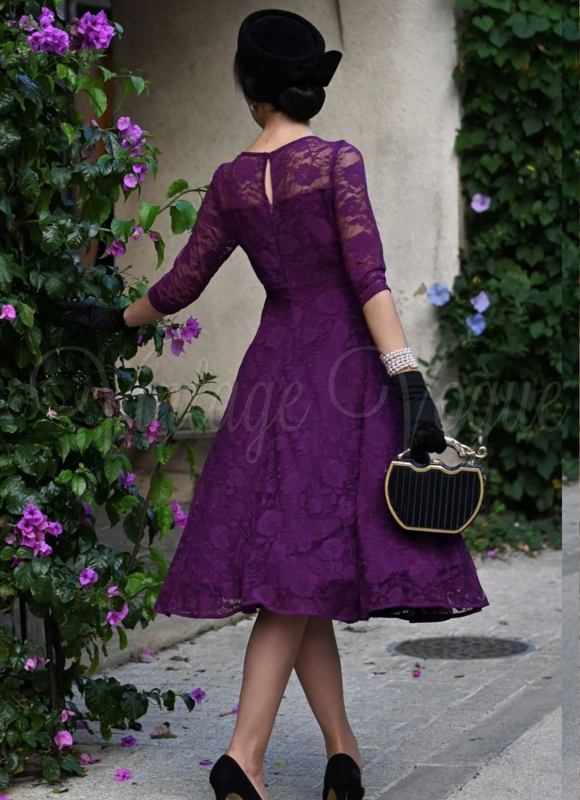 Purple Lace Fit-And-Flare Midi Dress with Black, Close-Up Take Purple Lace Fit-And-Flare Midi Dress with Black, Close-Up Take — Classy Lavender Dress