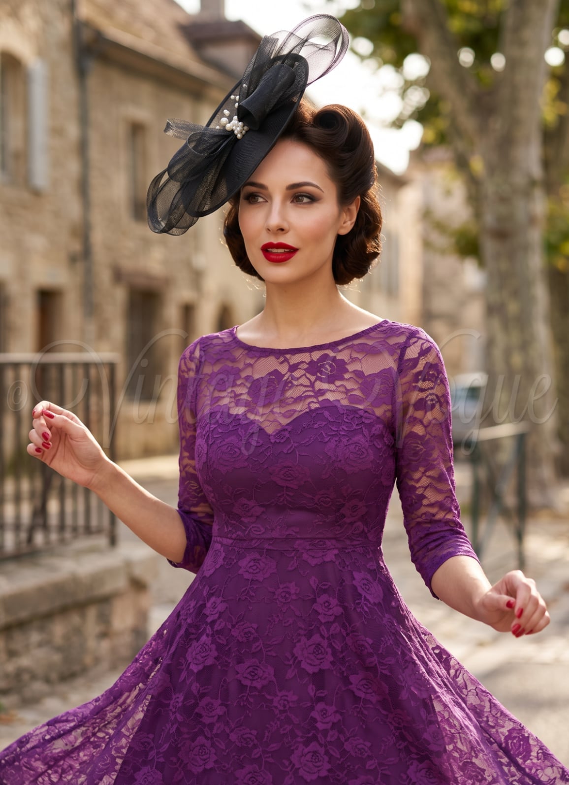 Purple Lace Fit-And-Flare Midi Dress with Three-Quarter Sleeves Purple Lace Fit-And-Flare Midi Dress with Three-Quarter Sleeves — Classy Lavender Dress