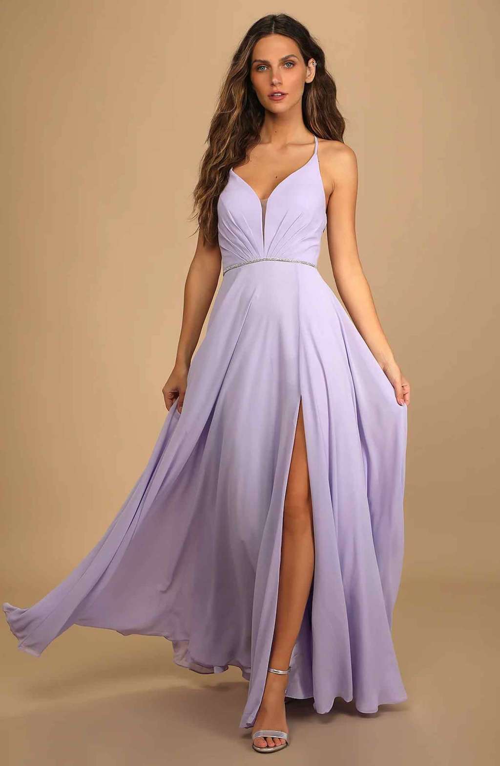 Lavender Chiffon Maxi Dress with Plunging Neckline and High Slit Lavender Chiffon Maxi Dress with Plunging Neckline and High Slit — Classy Lavender Dress