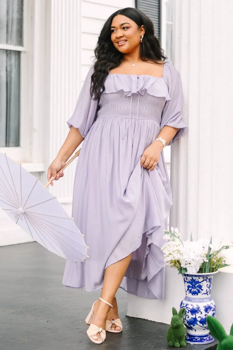 Light Purple Midi Dress with Smocked Bodice and Ruffled Skirt Light Purple Midi Dress with Smocked Bodice and Ruffled Skirt — Classy Lavender Dress