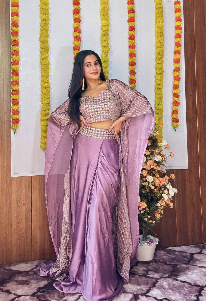 Lavender Silk Set With Embellished Cape Lavender Silk Set With Embellished Cape — Classy Lavender Outfits