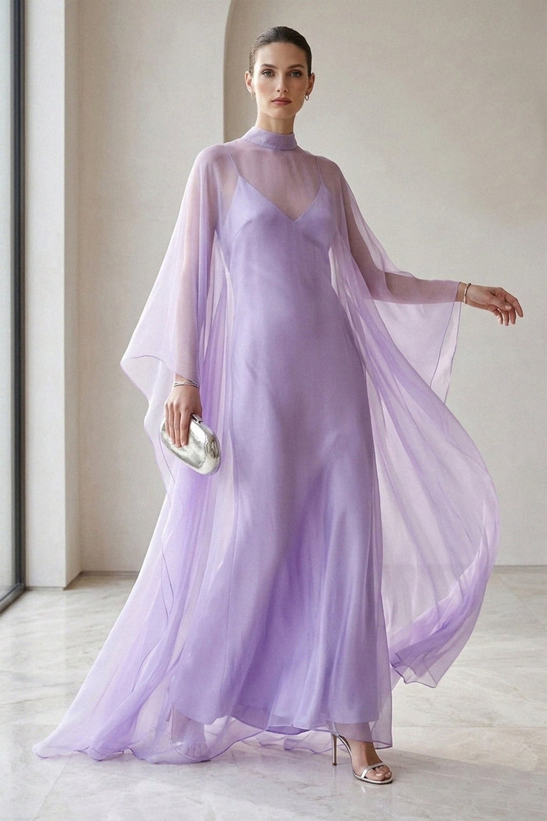 Lavender Slip Dress With Sheer Cape Lavender Slip Dress With Sheer Cape — Classy Lavender Outfits