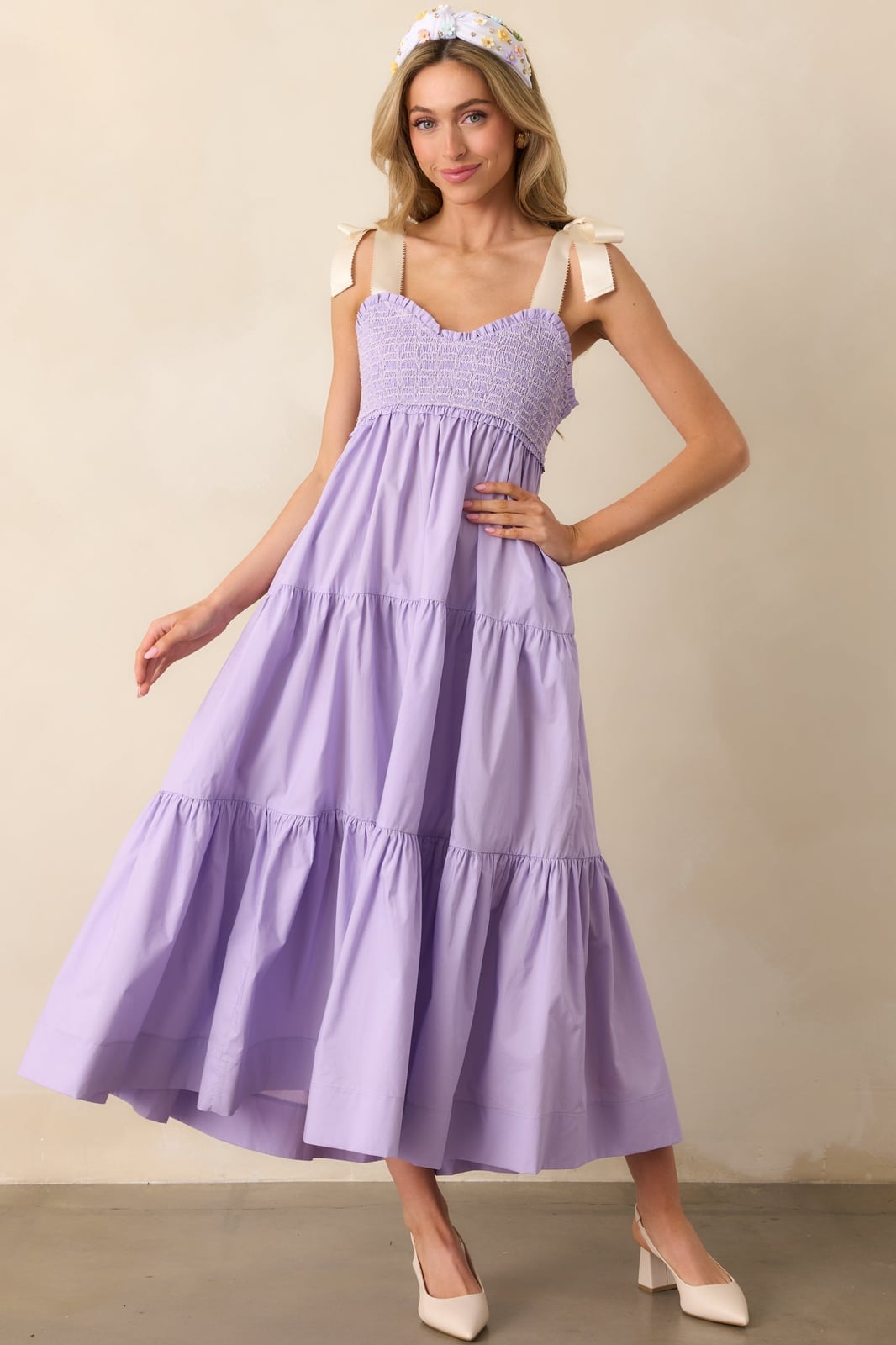 Lavender Smocked Bodice Midi Dress Lavender Smocked Bodice Midi Dress — Classy Lavender Outfits