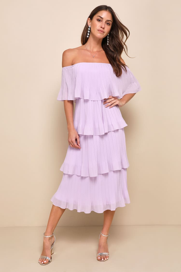 Lavender Off-Shoulder Ruffled Midi Dress With Silver Strappy Heels Lavender Off-Shoulder Ruffled Midi Dress With Silver Strappy Heels — Classy Lavender Outfits