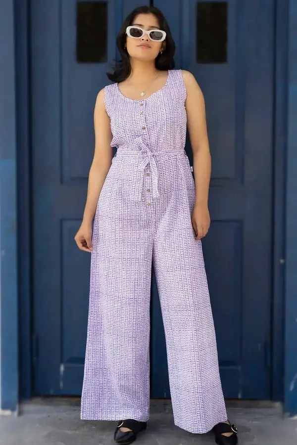 Lavender Geometric Pattern Jumpsuit With Black Flats Lavender Geometric Pattern Jumpsuit With Black Flats — Classy Lavender Outfits