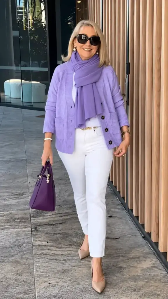 Lavender Cardigan With White Trousers Lavender Cardigan With White Trousers — Classy Lavender Outfits