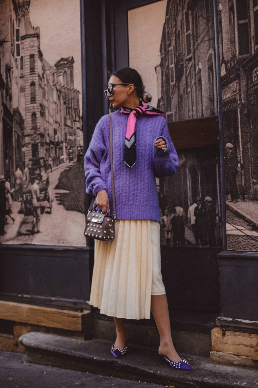 Chunky Lavender Sweater Over Pleated Skirt Chunky Lavender Sweater Over Pleated Skirt — Classy Lavender Outfits