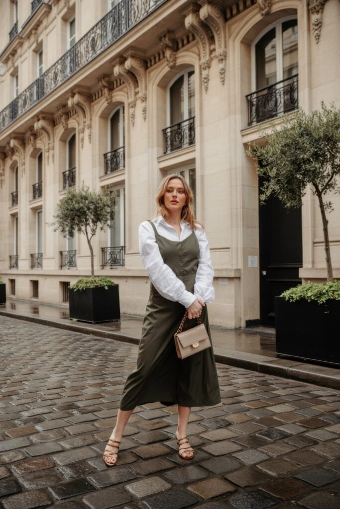 Olive Green Pinafore Dress With Textured Shirt Olive Green Pinafore Dress With Textured Shirt — Classy Layering Dress