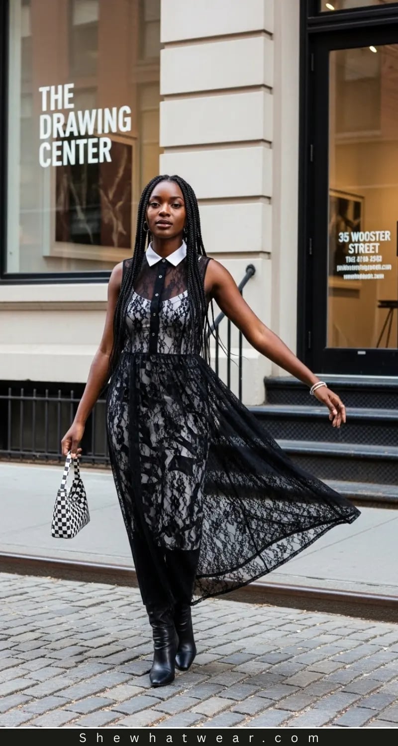 Black Lace Midi Dress Over White Collared Shirt Black Lace Midi Dress Over White Collared Shirt — Classy Layering Dress