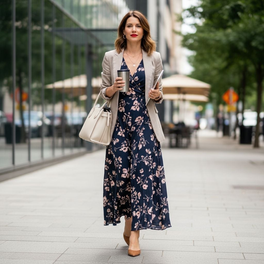 Navy Floral Midi Wrap Dress With Beige Blazer Navy Floral Midi Wrap Dress With Beige Blazer — Classy Layering Dress