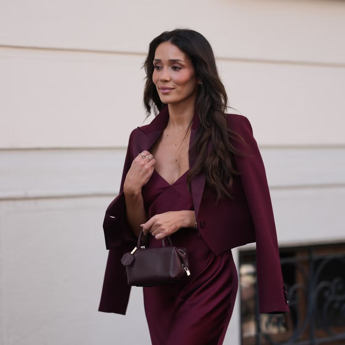 Burgundy Satin Slip Dress With Cropped Blazer Burgundy Satin Slip Dress With Cropped Blazer — Classy Layering Dress