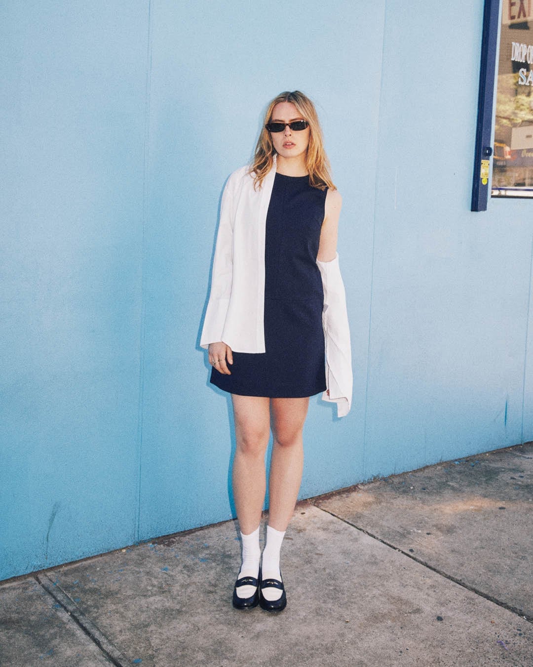 Navy Shift Mini Dress With White Shirt Draped Navy Shift Mini Dress With White Shirt Draped — Classy Layering Dress