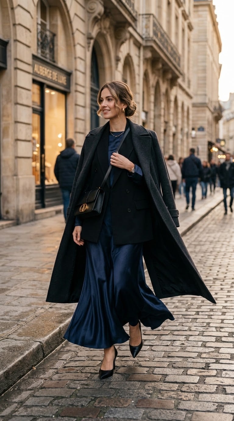 Flowing Navy Silk Dress With Black Blazer And Coat Flowing Navy Silk Dress With Black Blazer And Coat — Classy Layering Dress