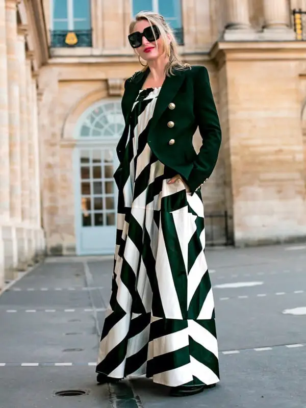 Striped Maxi Dress With Green Blazer Striped Maxi Dress With Green Blazer — Classy Layering Dress