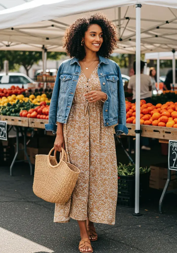 Patterned Midi Dress With Blue Denim Jacket Patterned Midi Dress With Blue Denim Jacket — Classy Layering Dress
