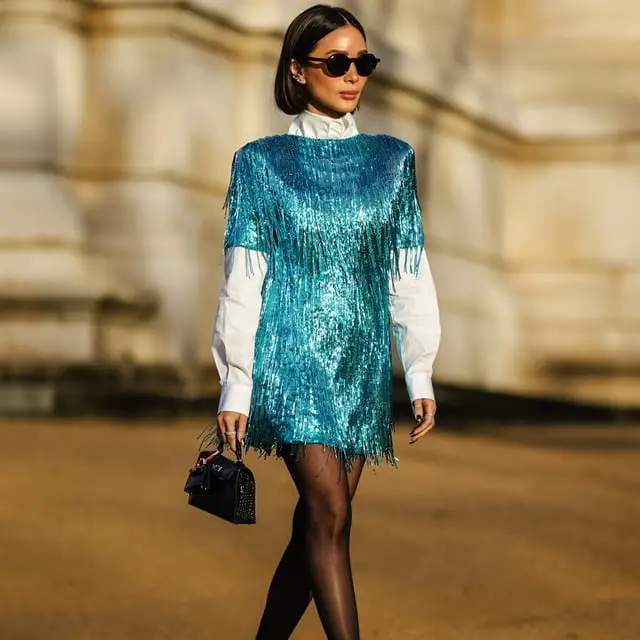 Blue Sequin Mini Dress Over White Shirt Blue Sequin Mini Dress Over White Shirt — Classy Layering Dress