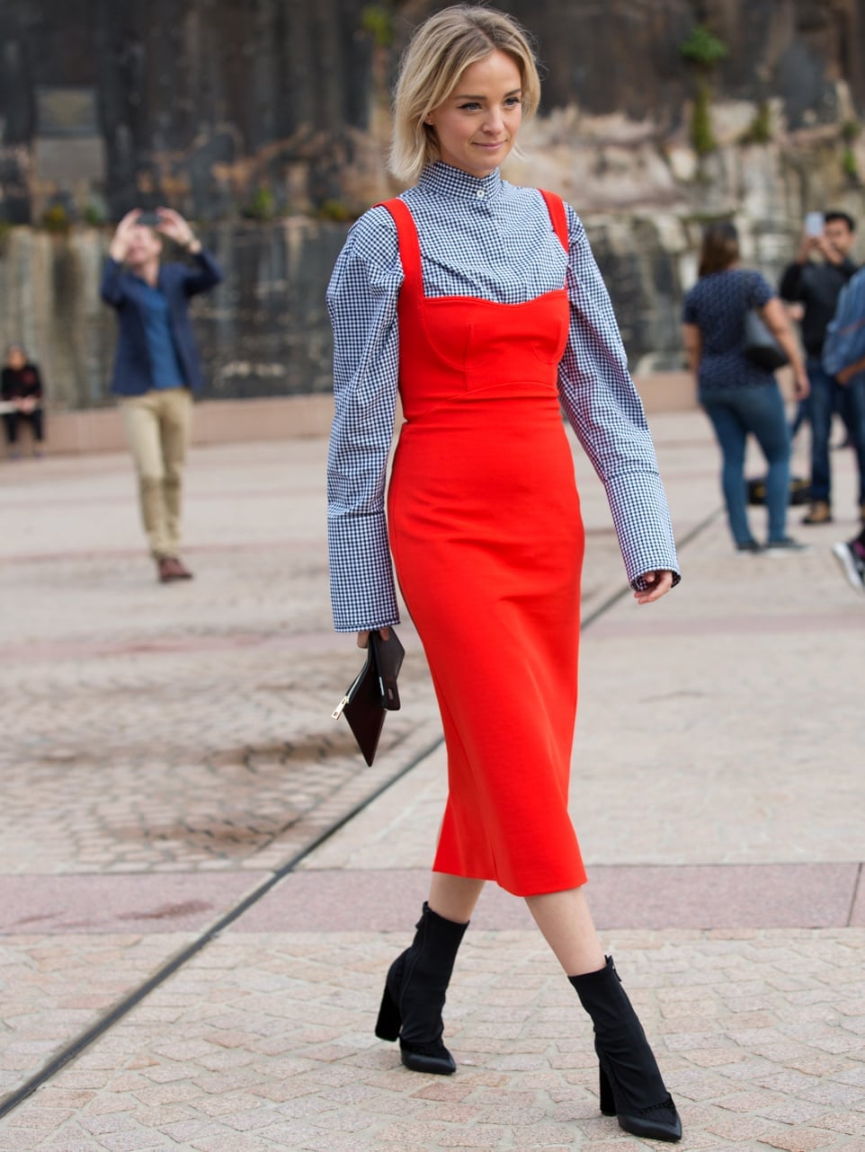 Red Sleeveless Midi Dress Over Gingham Shirt Red Sleeveless Midi Dress Over Gingham Shirt — Classy Layering Dress