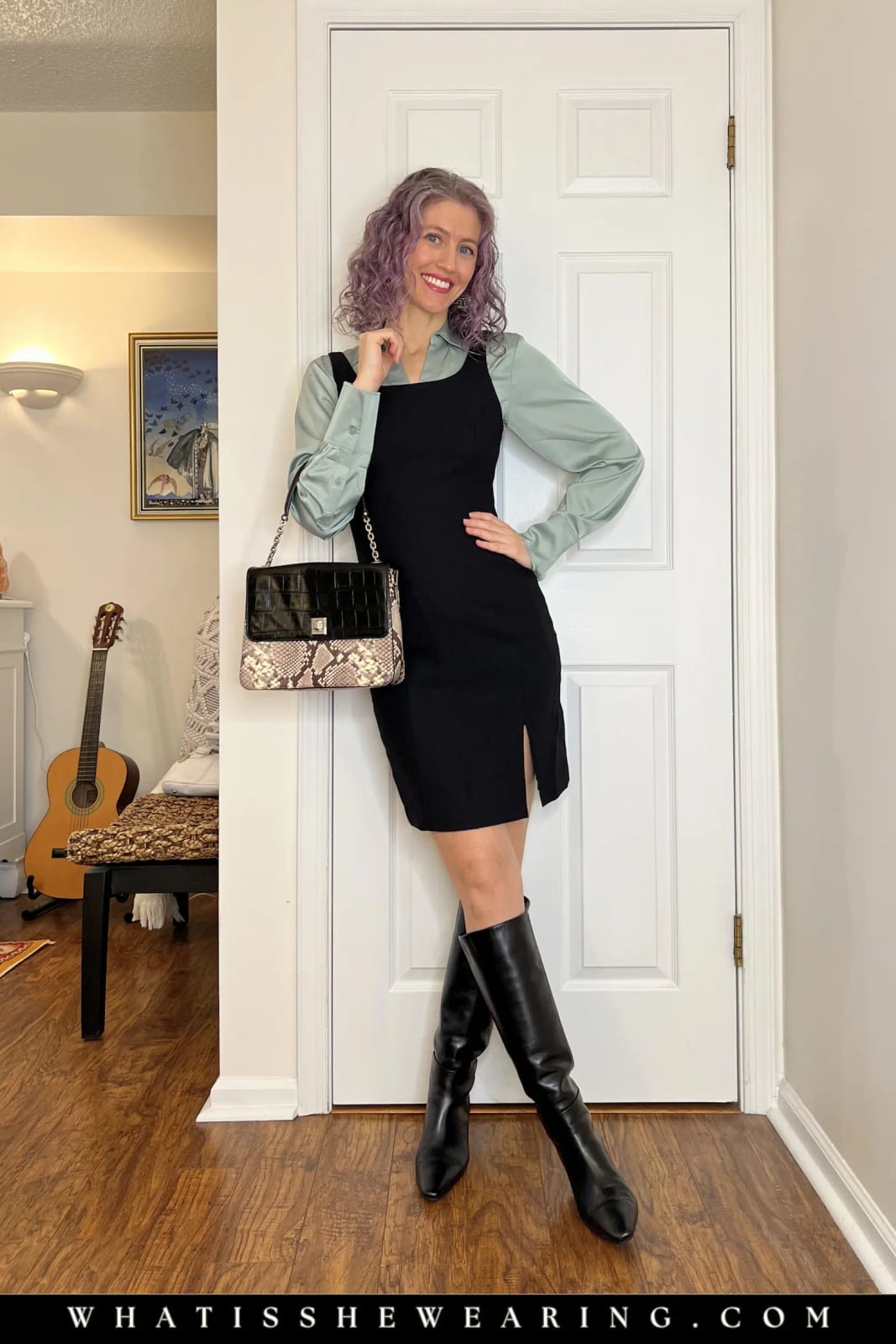 Black Slip Dress Over Light Green Blouse Black Slip Dress Over Light Green Blouse — Classy Layering Dress