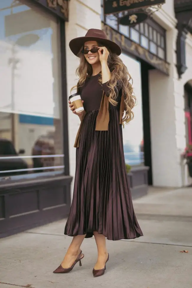 Brown Pleated Midi Dress With Tan Cardigan Brown Pleated Midi Dress With Tan Cardigan — Classy Layering Dress