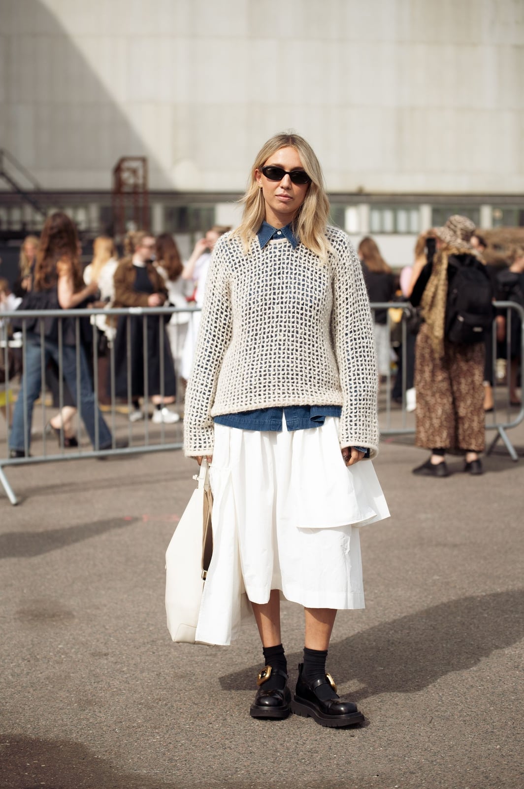 White Midi Dress With Knit Sweater And Denim Shirt White Midi Dress With Knit Sweater And Denim Shirt — Classy Layering Dress