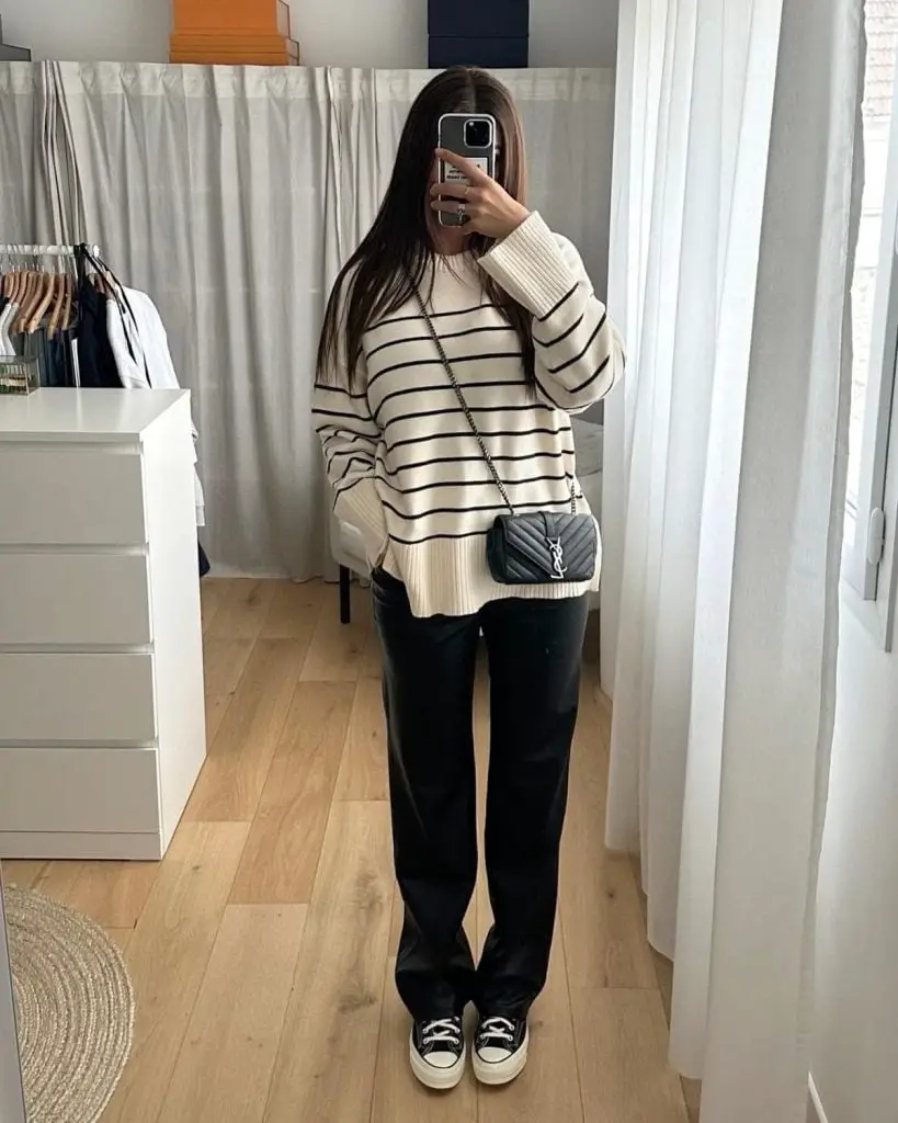 Cream Black Striped Sweater With Straight Leg Pants Cream Black Striped Sweater With Straight Leg Pants — Classy Lazy Outfits