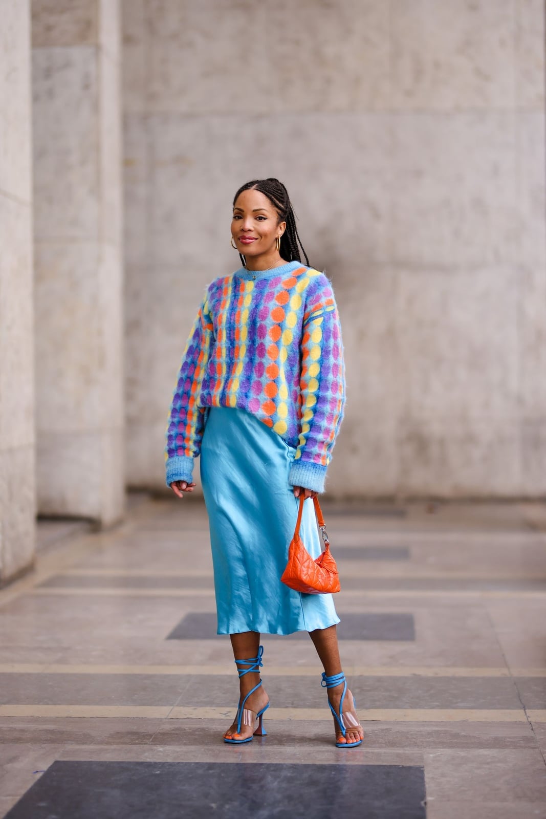Colorful Knit Sweater Over Blue Satin Slip Skirt Colorful Knit Sweater Over Blue Satin Slip Skirt — Classy Lazy Outfits