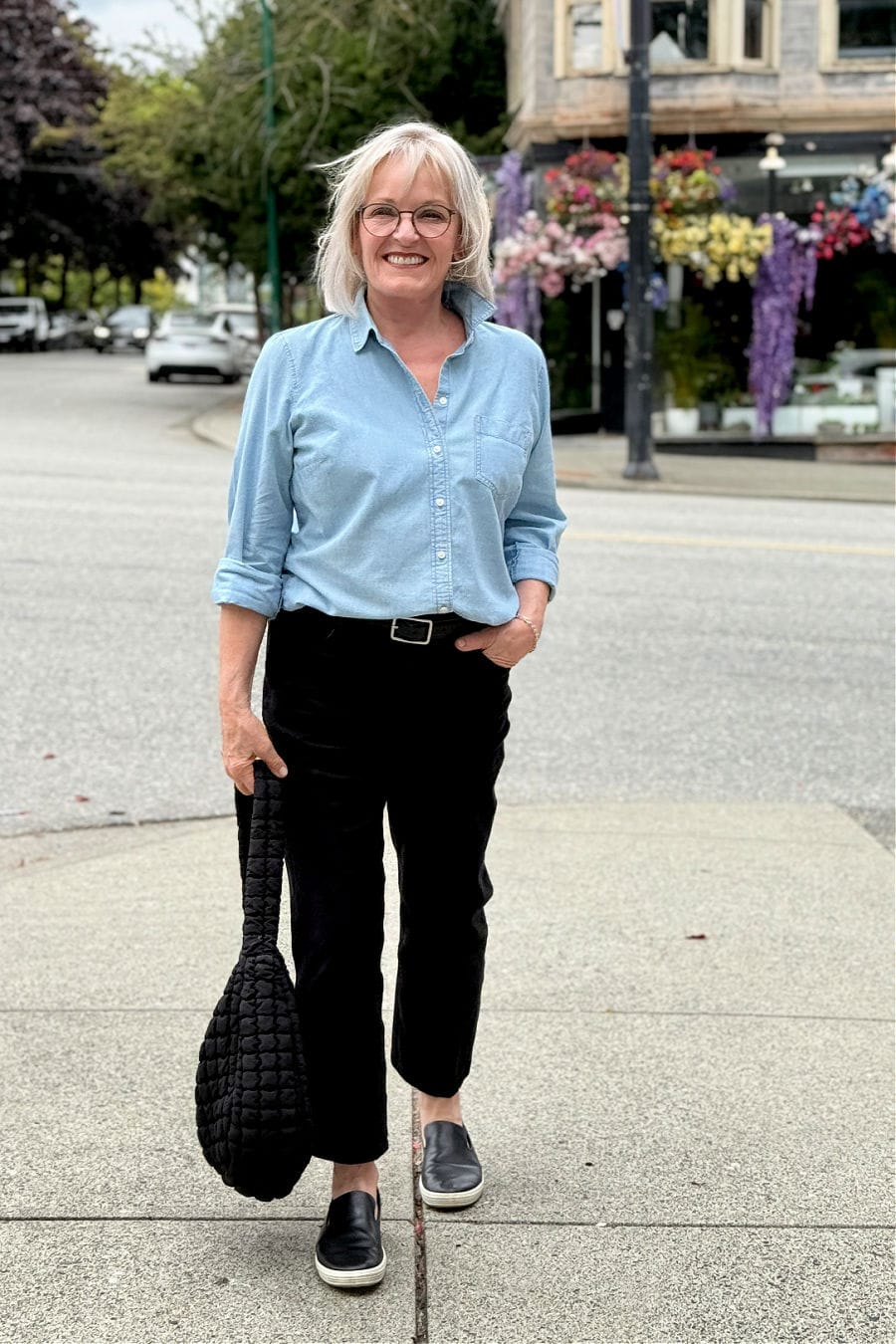Light Blue Denim Shirt With Black Corduroy Trousers Light Blue Denim Shirt With Black Corduroy Trousers — Classy Lazy Outfits