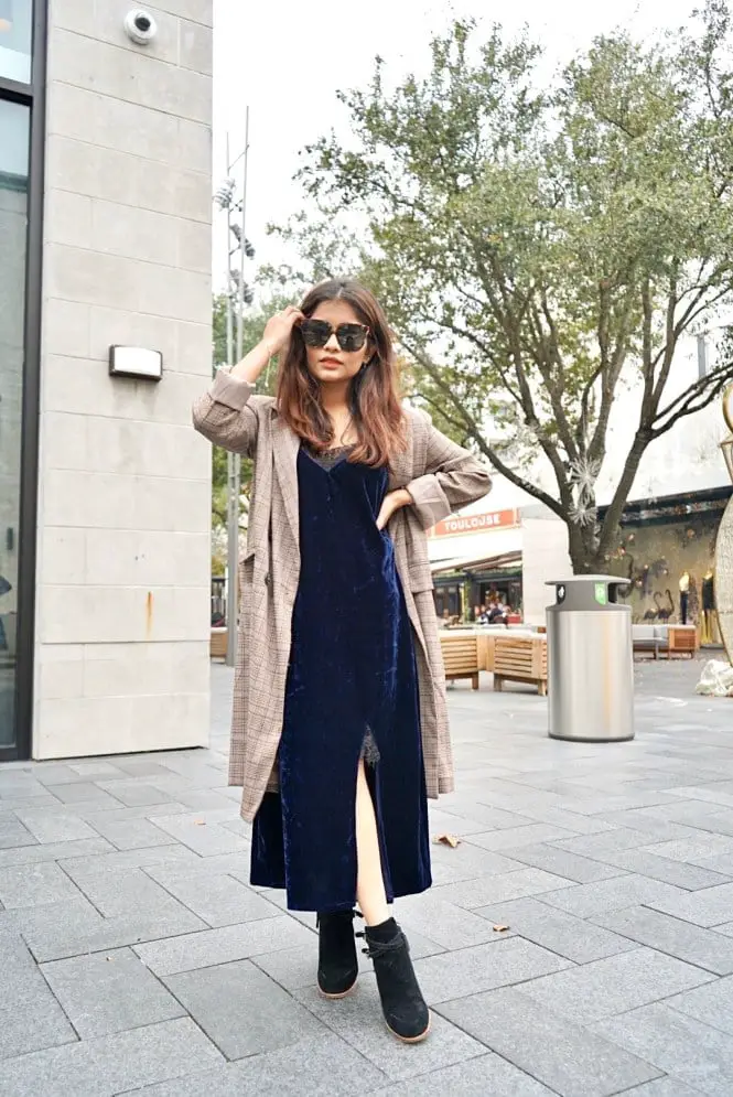 Velvet Slip Dress Under Plaid Coat Velvet Slip Dress Under Plaid Coat — Classy Lazy Outfits