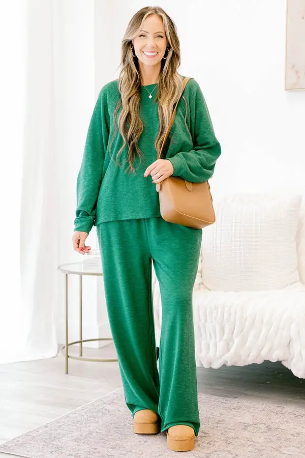 Dark Green Loungewear Set With Platform Slides Dark Green Loungewear Set With Platform Slides — Classy Lazy Outfits