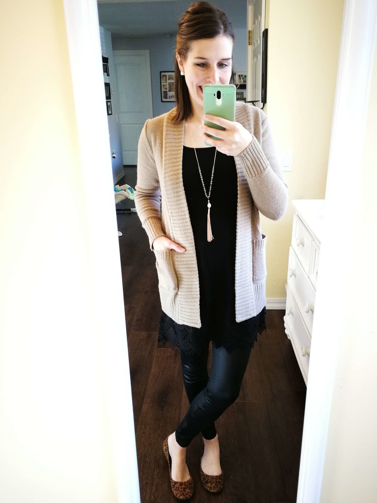 Beige Knit Cardigan Over Lace Trim Top And Leggings Beige Knit Cardigan Over Lace Trim Top And Leggings — Classy Lazy Outfits