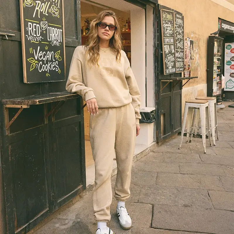 Chic Beige Loungewear Set With White Sneakers Chic Beige Loungewear Set With White Sneakers — Classy Lazy Outfits