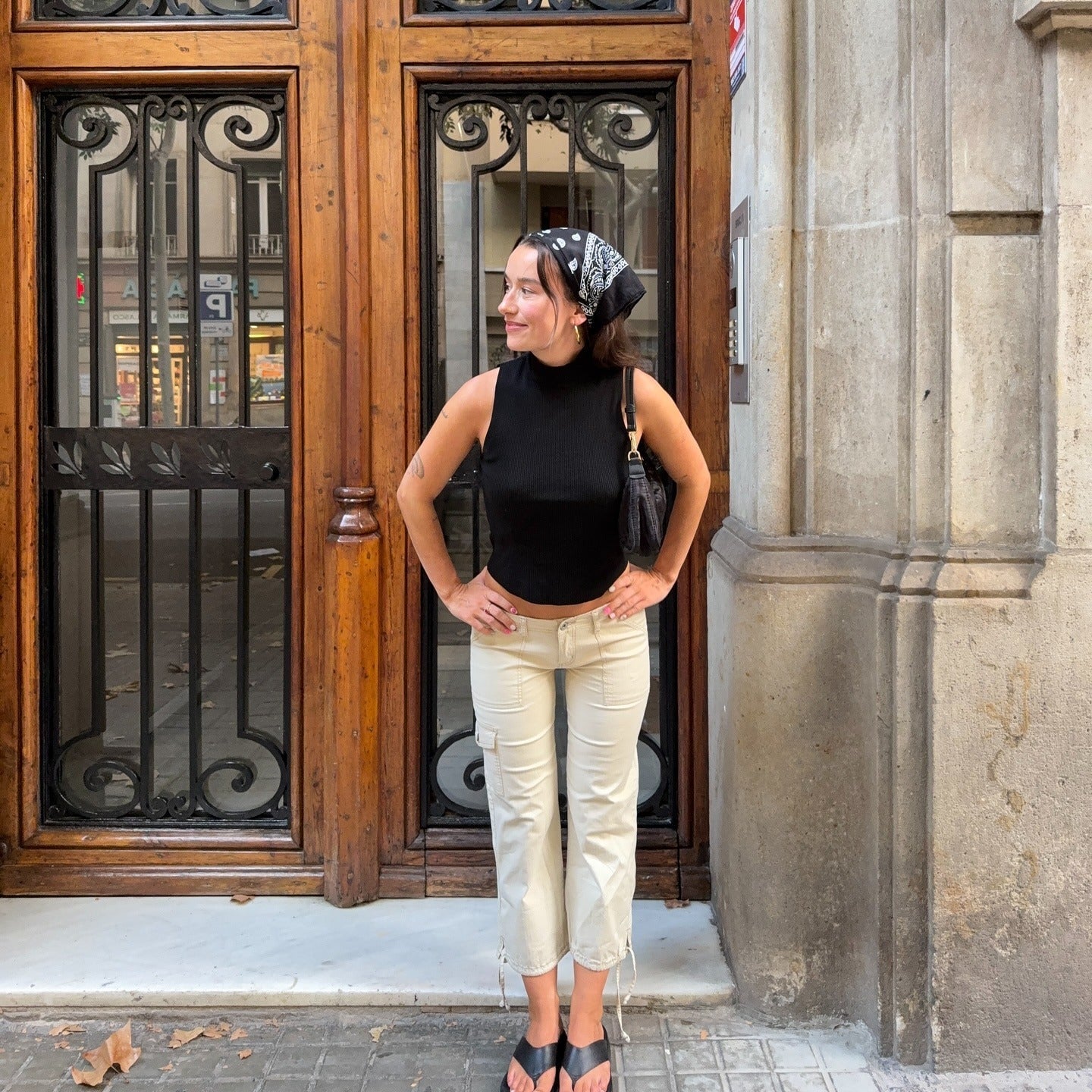 Black Crop Top Beige Cargo Trousers With Bandana Black Crop Top Beige Cargo Trousers With Bandana — Classy Lazy Outfits
