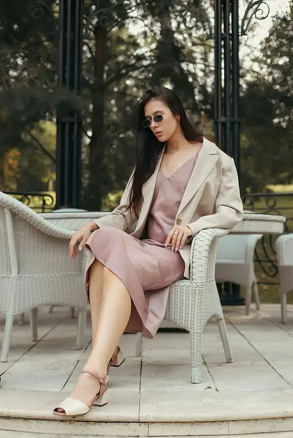 Blush Pink Slip Dress With Oversized Beige Blazer Blush Pink Slip Dress With Oversized Beige Blazer — Classy Lazy Outfits