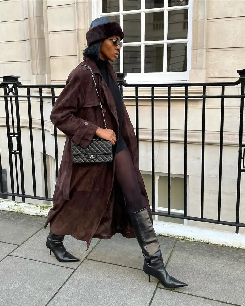 Suede Trench Coat Over a Turtleneck and Dress — Classy Leather Outfits