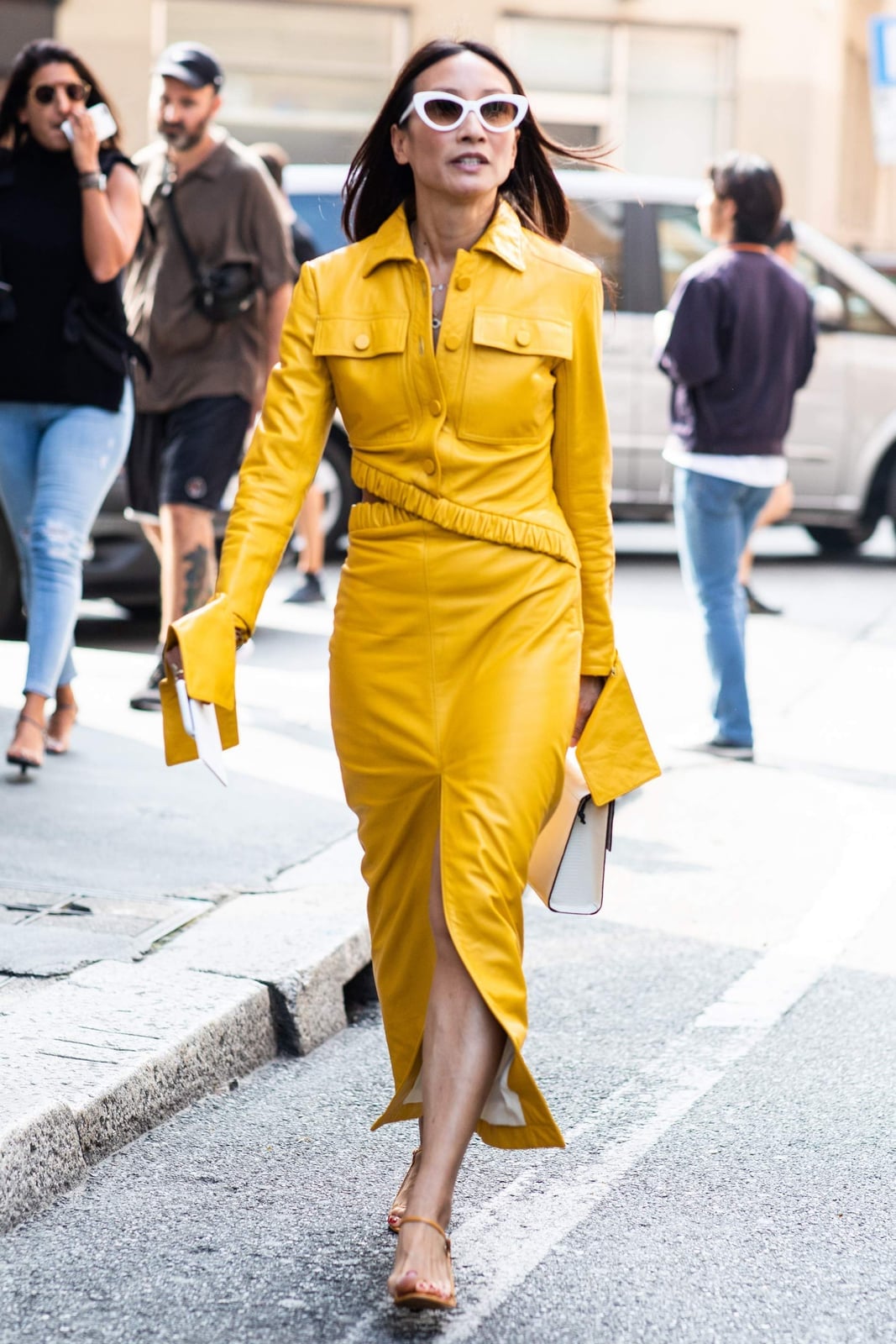 Bold Yellow Leather Shirt Dress — Classy Leather Outfits