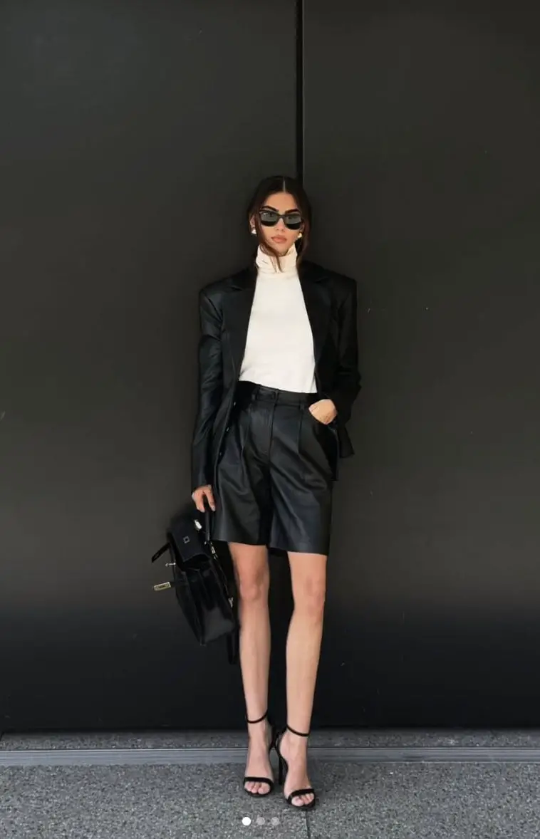 Oversized Leather Blazer with Wide-Leg Shorts — Classy Leather Outfits