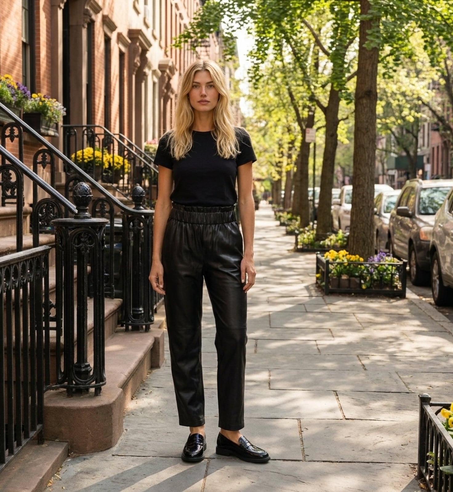 Minimalist Wide-Leg Leather Trousers With Black Loafers — Classy Leather Outfits