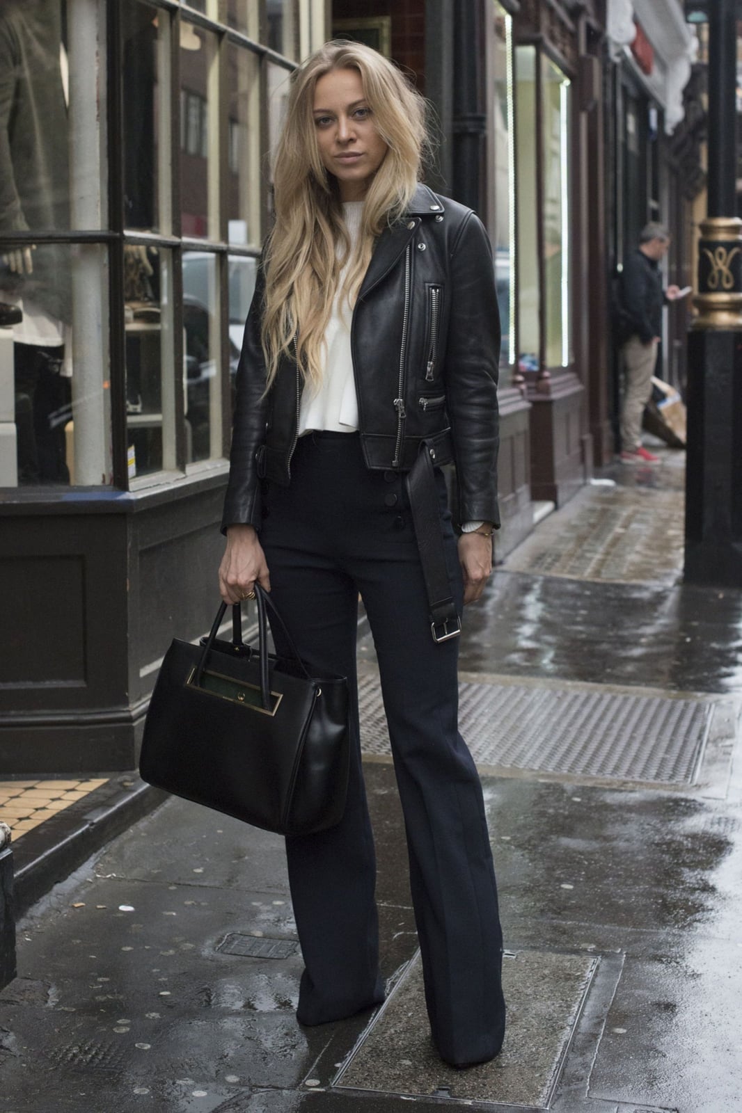 Fitted Leather Biker Jacket with Wide-Leg Trousers — Classy Leather Outfits