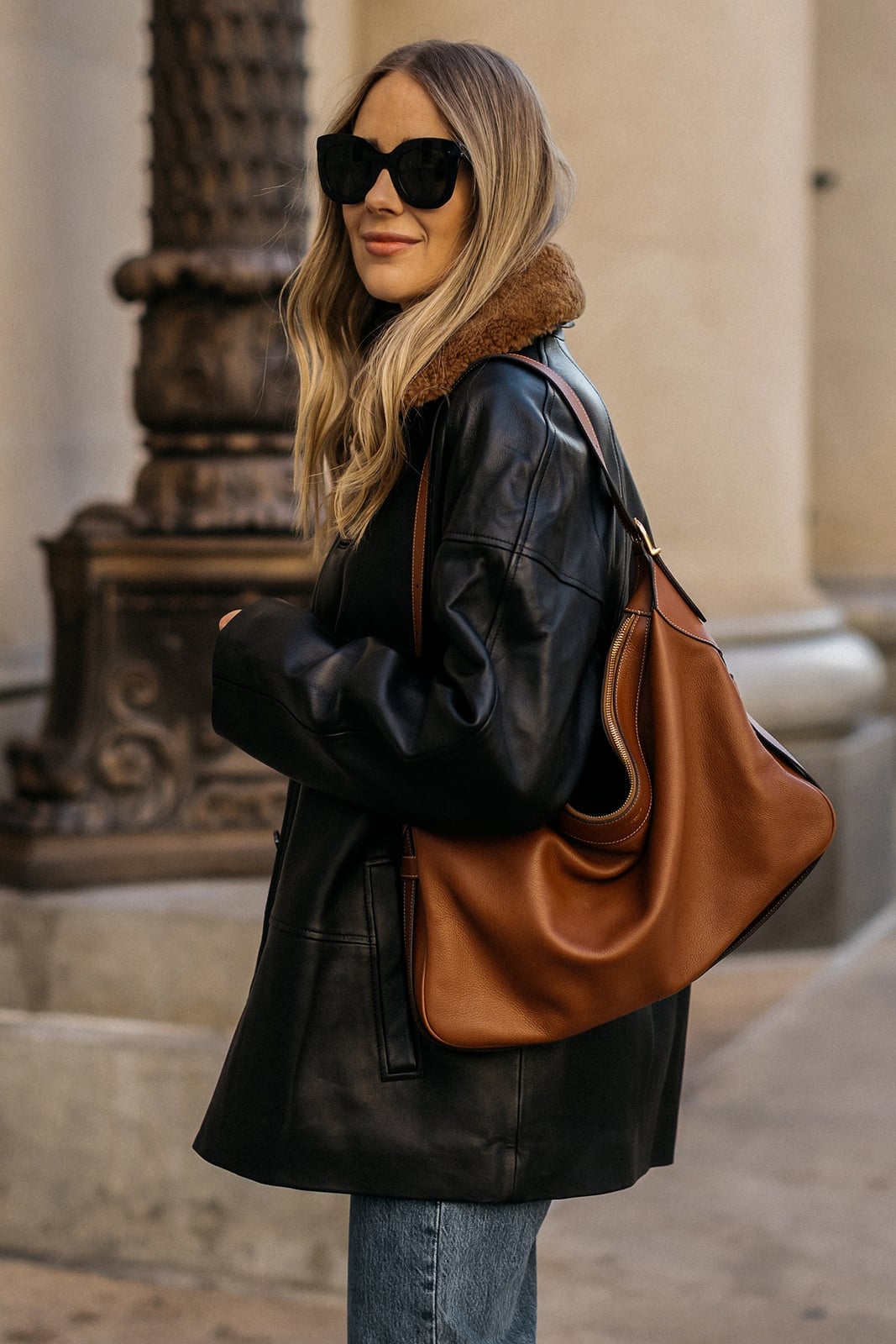 Textured Leather Jacket with Shearling Collar — Classy Leather Outfits